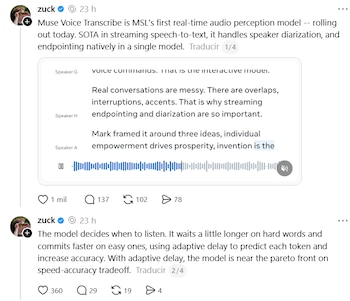 Captura de pantalla de publicaciones en Threads de la cuenta zuck sobre la herramienta de transcripción de audio Muse Voice Transcribe