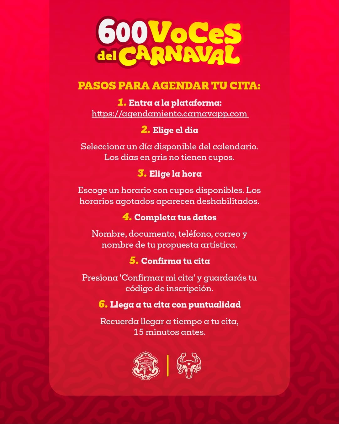 El agendamiento de citas para “600 Voces del Carnaval” se realiza en agendamiento.carnavapp.com y también podrá gestionarse de forma presencial en la Casa del Carnaval - crédito Carnaval de Barranquilla