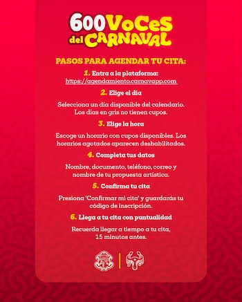 El agendamiento de citas para “600 Voces del Carnaval” se realiza en agendamiento.carnavapp.com y también podrá gestionarse de forma presencial en la Casa del Carnaval - crédito Carnaval de Barranquilla