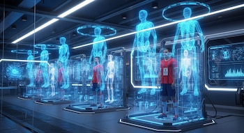 Un grupo de futbolistas en un laboratorio futurista con tecnología de escaneo de IA, mostrando hologramas azules de esqueletos y avatares 3D.