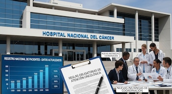 Fachada de un hospital, seis médicos en una reunión, una pantalla digital con gráfico de registro de pacientes y un portapapeles con documento y bolígrafo.