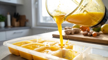 Jarra de vidrio vertiendo un líquido amarillo en una cubitera transparente, con raíz de jengibre y cítricos sobre una tabla de madera al fondo.