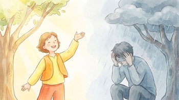 Dos personas, una sonriente con los brazos alzados bajo un sol radiante, y otra sentada con la cabeza entre las manos bajo lluvia y nubes grises.