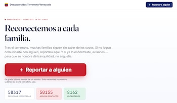 Desaparecidos Terremoto Venezuela, botón 'Reportar a alguien', 58317 reportados, 50155 sin contacto, 8162 localizados