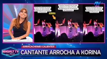 Magaly Medina sentada en un set de televisión, junto a pantallas que reproducen un video de un concierto y texto informativo sobre el evento