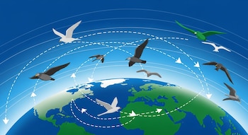 Planeta Tierra con continentes y océanos, aves volando en blanco, gris y verde, líneas punteadas con flechas y líneas curvas en el cielo azul.
