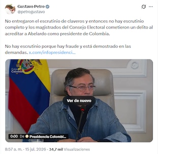 El jefe de Estado afirmó que el CNE cometió un delito al ratificar a Abelardo de la Espriella- crédito @petrogustavo/X
