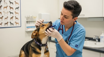 Mujer veterinaria con guantes examinando la boca abierta de un perro tricolor con un collar en un consultorio.