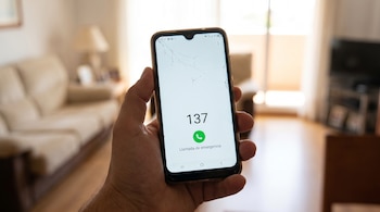 Primer plano de una mano sosteniendo un smartphone con la pantalla agrietada, mostrando el número '137' y 'Llamada de emergencia' en la pantalla blanca.