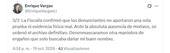 Enrique Vargas Lleras afirmó que los denunciantes no aportaron pruebas suficientes y aseguró que el proceso buscaba afectar su buen nombre - crédito @EnriqueVargasLl/X