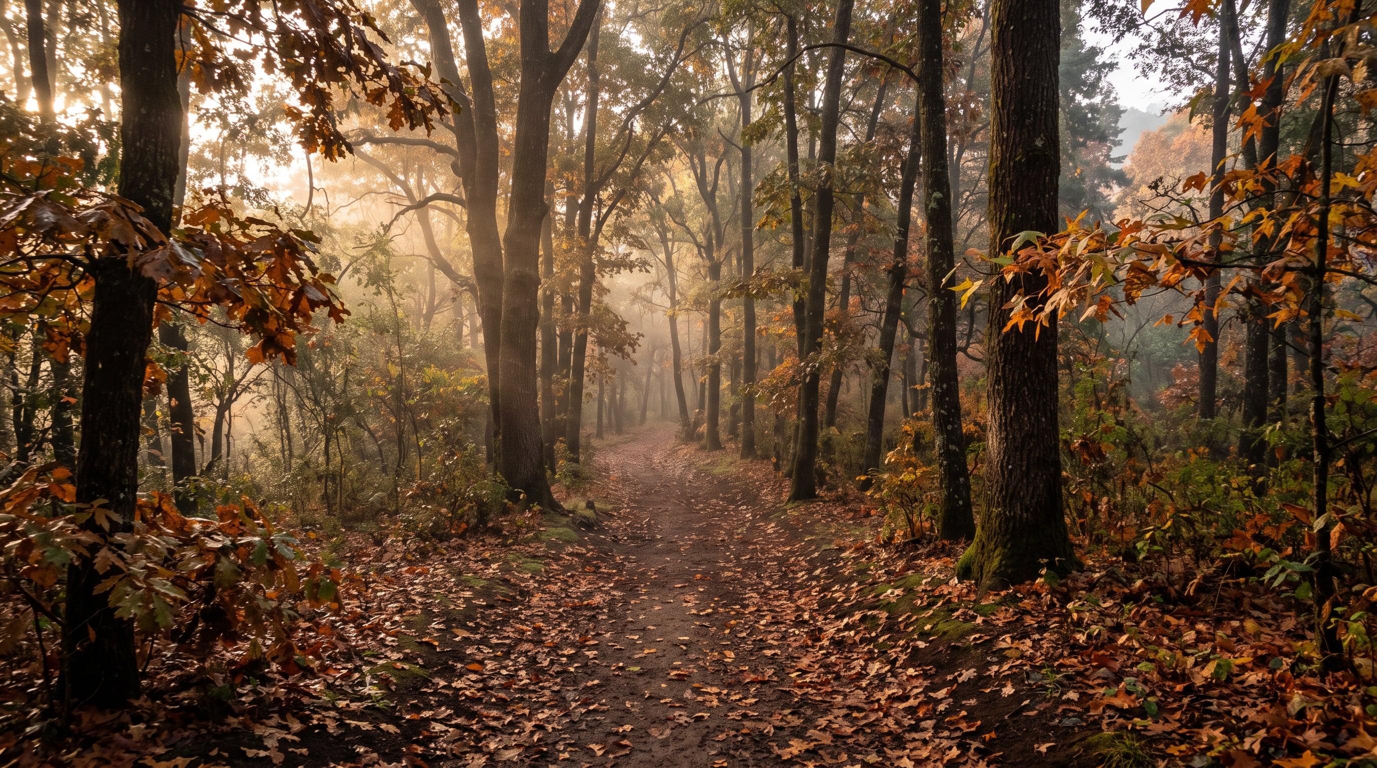 Un sendero de tierra atraviesa un bosque de la Ciudad de México cubierto de hojas secas bajo la luz matutina de otoño. (Imagen Ilustrativa Infobae)