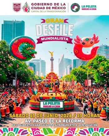 Póster de un desfile en Ciudad de México con carroza, globos de Quetzalcóatl y axolote, y multitud, con el Ángel de la Independencia de fondo