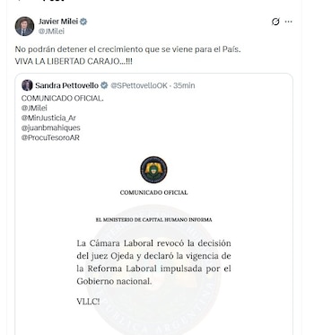 Captura de pantalla de la red social X mostrando tuits de Javier Milei y Sandra Pettovello con un comunicado oficial sobre la vigencia de la Reforma Laboral