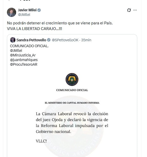 Javier Milei se refirió a la decisión de la Cámara Laboral