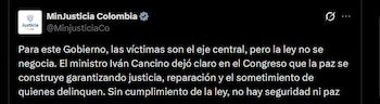 Iván Cancino afirmó que la ley de sometimiento no abrirá negociaciones políticas y solo permitirá aceptar o rechazar las condiciones fijadas por el Estado - crédito @MinjusticiaCo / X