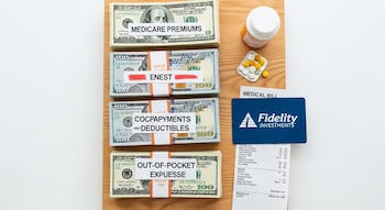 Mesa de madera con tres pilas de billetes de cien dólares con etiquetas, una tarjeta Fidelity Investments, un frasco de medicamentos, un blíster y una factura médica.