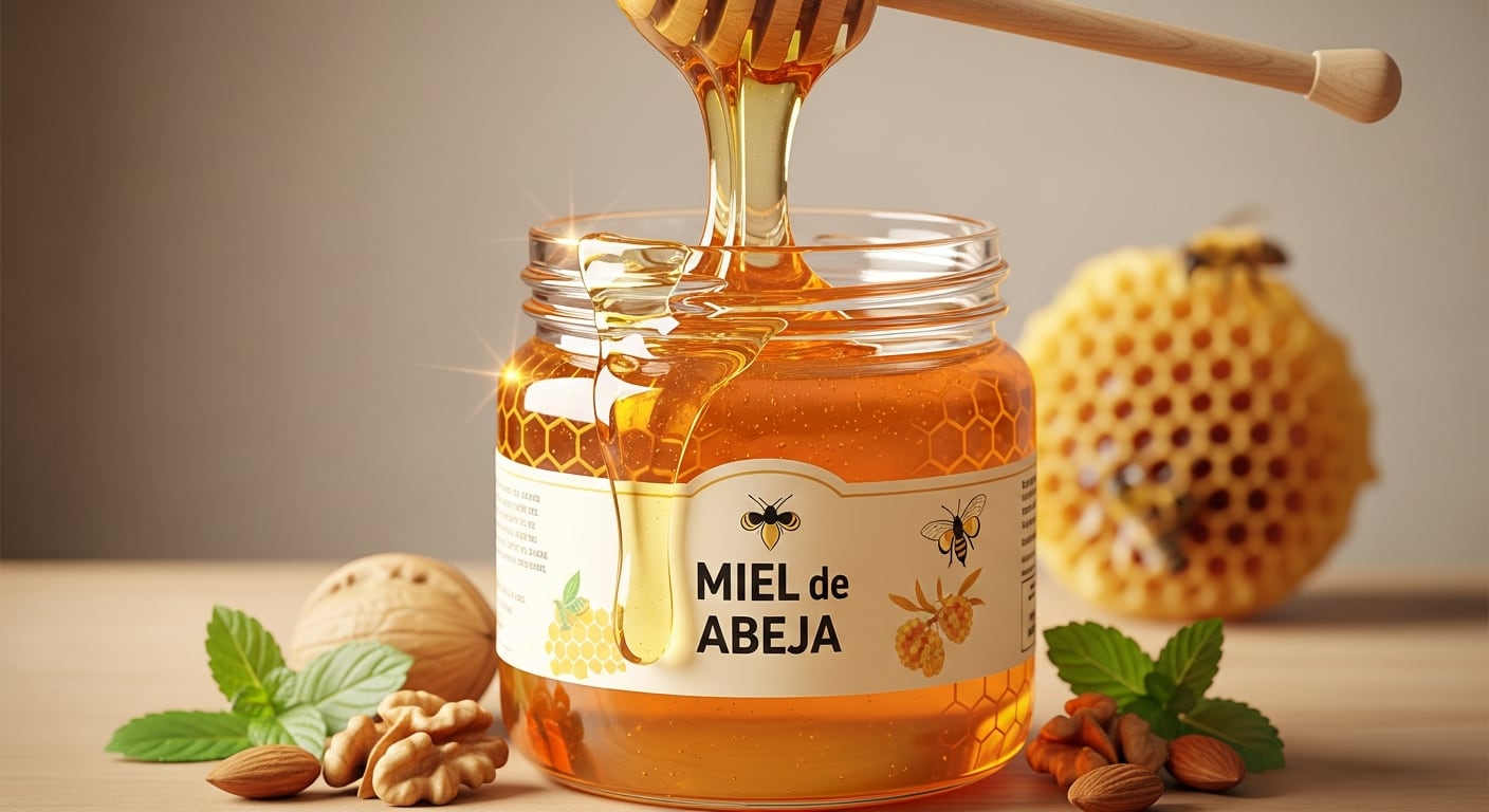 Un chorro dorado de miel de abeja cae en un frasco de vidrio, simbolizando sus propiedades saludables, mientras frutos secos y hojas de menta adornan la escena. (Imagen Ilustrativa Infobae)