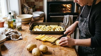 Una persona corta papas sobre una tabla de madera junto a una bandeja y un horno de cocina encendido.