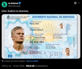 Montaje de un Documento Nacional de Identidad de Argentina que incluye el retrato y los datos personales del futbolista Erling Haaland