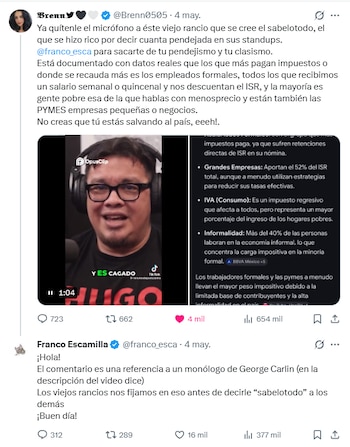 Captura de pantalla de una conversación de Twitter mostrando un tuit con la imagen de Franco Escamilla y texto sobre impuestos, y su respuesta