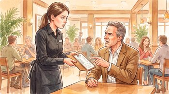 Ilustración de una camarera que sostiene una carpeta con una cuenta frente a un cliente sentado a la mesa de un restaurante.