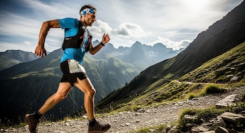 Un hombre con camiseta azul, pantalones cortos negros y mochila de hidratación corre por un sendero pedregoso de montaña. Al fondo se ven picos verdes y un cielo soleado.