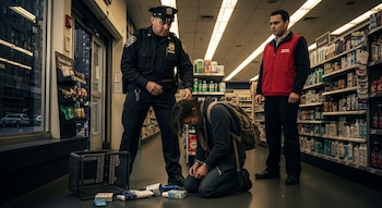 Oficial de policía de Nueva York sujeta a persona esposada arrodillada en tienda. Empleado observa; productos y cesta vacía en el suelo.