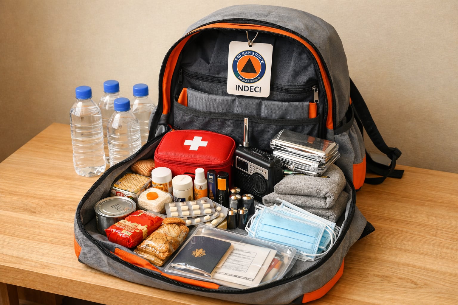 Una mochila de emergencia lista, abierta sobre una mesa, exhibe sus suministros esenciales como agua, botiquín y alimentos no perecibles para preparación ante desastres, según recomendaciones de INDECI. (Imagen Ilustrativa Infobae)