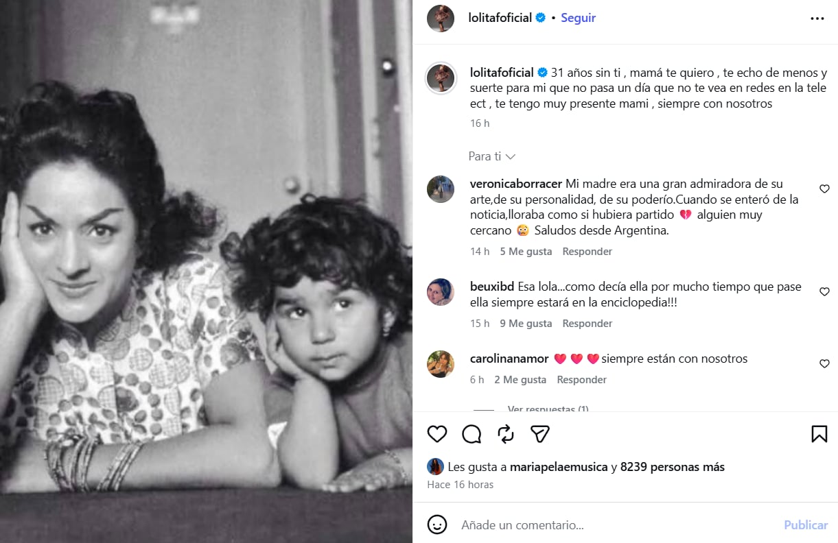 Lolita Flores recuerda a su madre, Lola Flores, con una publicación en su cuenta de Instagram