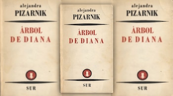 Portada de un libro antiguo en tonos crema, mostrando el título 'ÁRBOL DE DIANA' en rojo y 'alejandra PIZARNIK' en negro. Fondo difuminado.