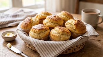 Una cesta de mimbre con muffins de pan de leche sobre una mesa de madera junto a un plato con mantequilla, un cuchillo y una taza.