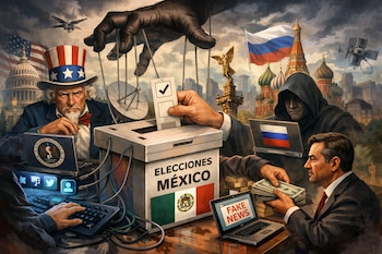 Ilustración satírica que muestra al Tío Sam y una figura encapuchada junto a una urna electoral de México, con manos votando, dinero y laptops con "Fake News".