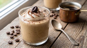 Vaso de mousse de café con crema batida, cacao en polvo y grano de café encima. Granos de café, cazo de café y cuchara sobre mesa de madera.