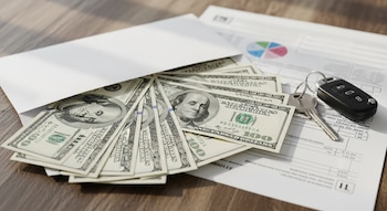 Un sobre blanco abierto muestra numerosos billetes de 100 dólares sobre una mesa de madera, junto a documentos de impuestos con gráficos y las llaves de una casa y un coche.