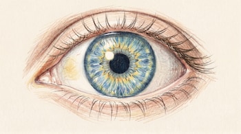 Dibujo de un ojo humano de frente, con párpados, pestañas, iris azul y amarillo, pupila negra, esclerótica blanca con venas rojas y una mancha amarillenta en el lado nasal.