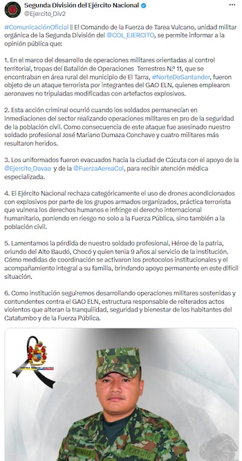 Soldado falleció y cuatro militares resultaron heridos tras ofensiva del ELN en Norte de Santander - crédito @Ejercito_Div2/X