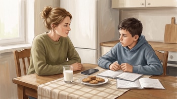 Ilustración de una madre y su hijo preadolescente sentados en una mesa con cuadernos, un teléfono móvil, un vaso de leche y galletas.
