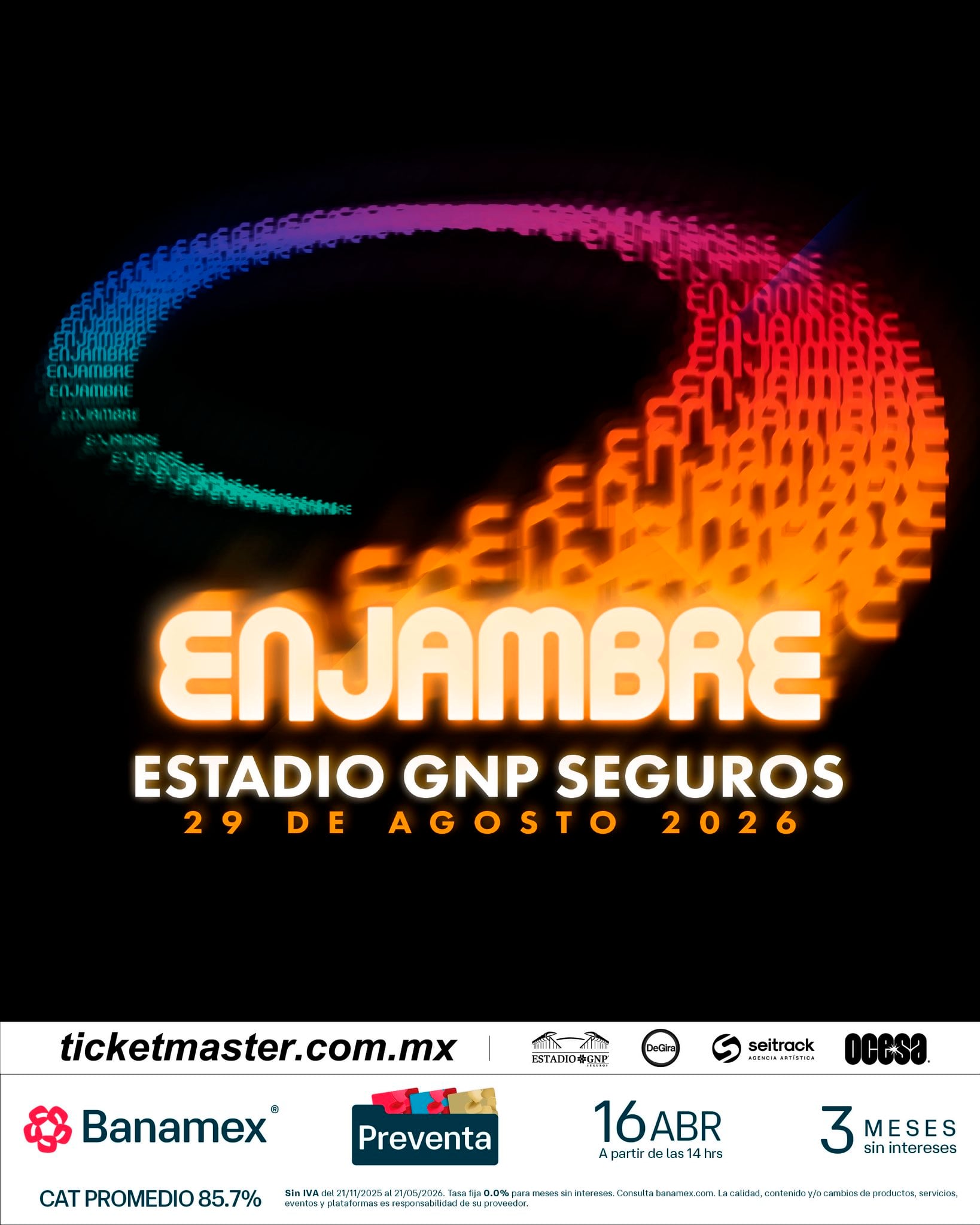 Enjambre anuncia concierto en el Estadio GNP Seguros de Ciudad de México el 29 de agosto de 2026, marcando un hito en su carrera. - (Ocesa)