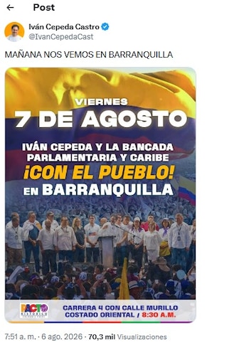 Iván Cepeda liderará actos de la oposición el 7 de agosto ante posesión de De la Espriella