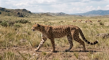 Un felino manchado camina sobre hierba en un paisaje de pradera con colinas y varios berrendos a lo lejos.