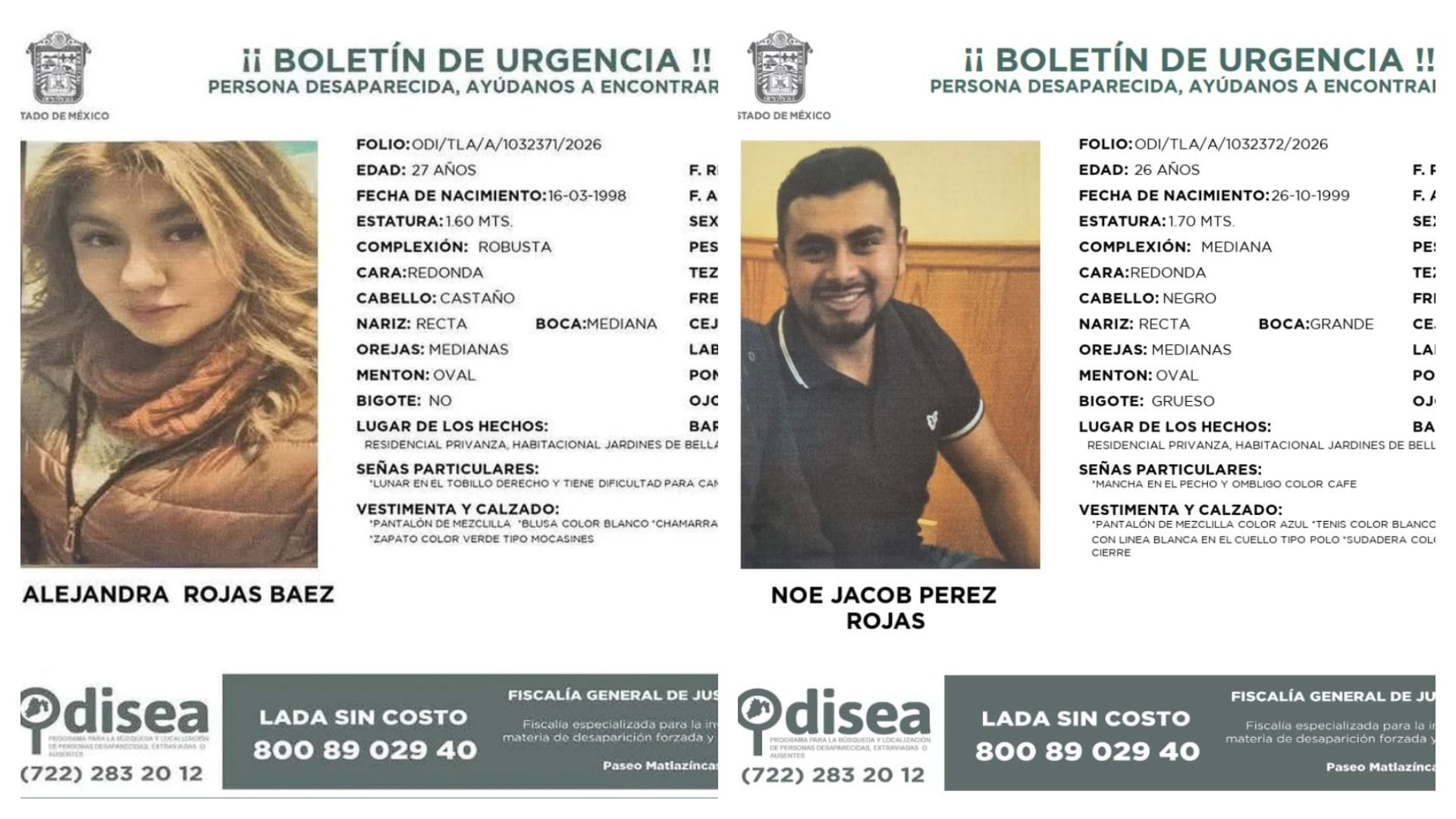 Los primos Alejandra Rojas Báez y Noé Pérez Rojas salieron a un bar ubicadoen Fuentes de Satélite, Tlalnepantla, Estado se México pero no regresaron a casa