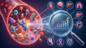 Ilustración digital de un vaso sanguíneo con microorganismos y glóbulos rojos, una lupa con un gráfico de barras y línea ascendente, y órganos como corazón, cerebro y pulmones.
