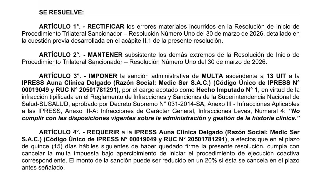 Una resolución de la Superintendencia Nacional de Salud sanciona con una multa de 13 UIT a la Clínica Delgado por no cumplir las normas sobre historias clínicas.
