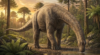 Un gran dinosaurio de cuello largo y piel rugosa bebe agua de un arroyo en un bosque denso con árboles altos y helechos, bajo un cielo naranja.