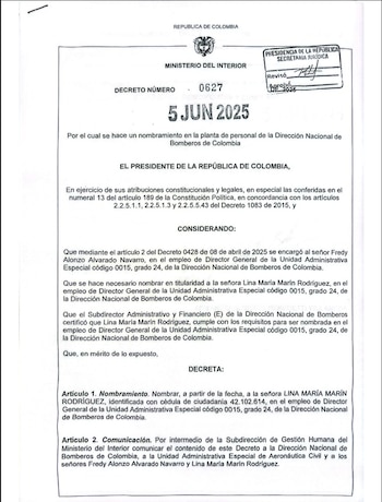 Este fue el decreto con el que se oficializó el nombramiento de Lina María Marín - crédito Redes sociales