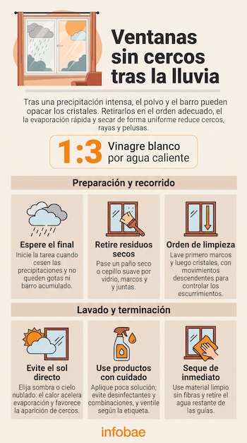 Infografía con seis recuadros explicativos, dibujos de ventanas, nubes de lluvia, un pulverizador, un paño y el logotipo de Infobae.