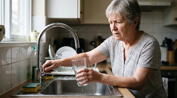 Una mujer sostiene un vaso de vidrio vacío bajo el grifo de un fregadero de cocina mientras acciona la llave.