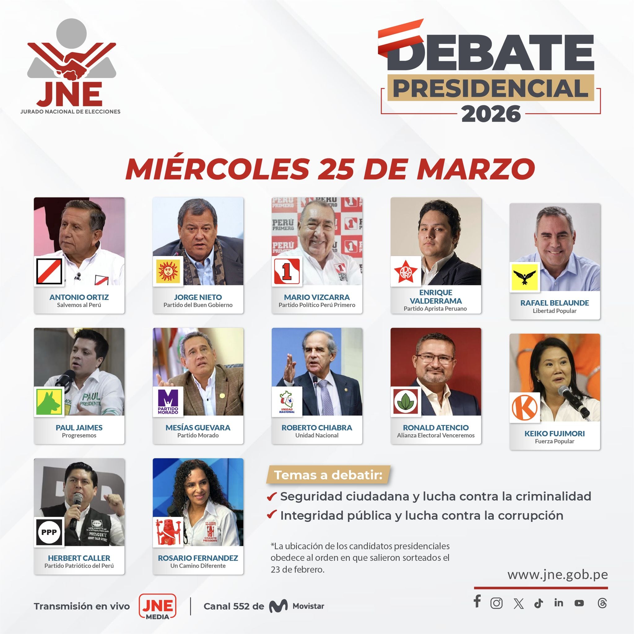 Póster oficial del Jurado Nacional de Elecciones (JNE) anunciando el Debate Presidencial 2026 para el miércoles 25 de marzo, mostrando a los doce candidatos y los temas centrales a discutir.