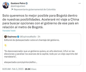 Hasta la China viajará el presidente Gustavo Petro. Twitter @petrogustavo