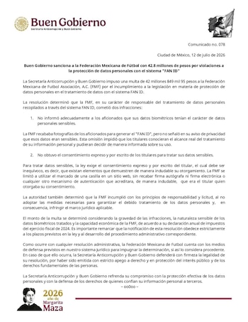 Documento oficial con el encabezado Buen Gobierno, el escudo nacional de México y un texto que detalla una multa. Incluye una imagen de una mujer